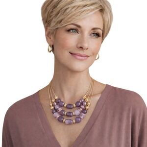 Chico's Beaded Statement Necklace‎ Purple Agate Aventurine Gold Tone 3-Strand